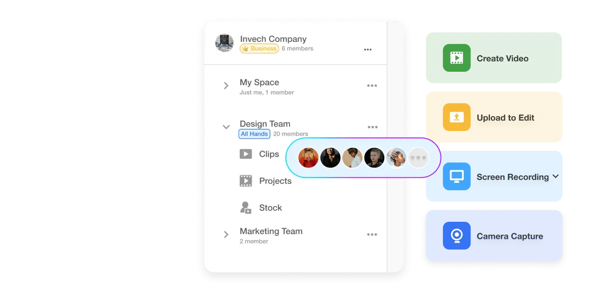 The image promotes the idea of collaborative video creation within a Teamspace environment. It states that videos created in a Teamspace are accessible to all Teamspace members, ensuring the team is always on the same page and can easily share created assets.